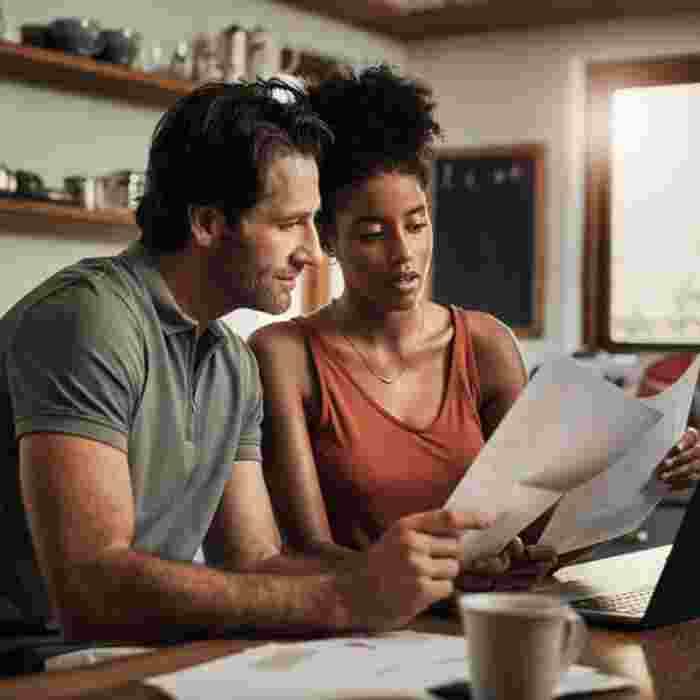 A couple at home sit at the kitche table looking at a laptop and various paper bills
