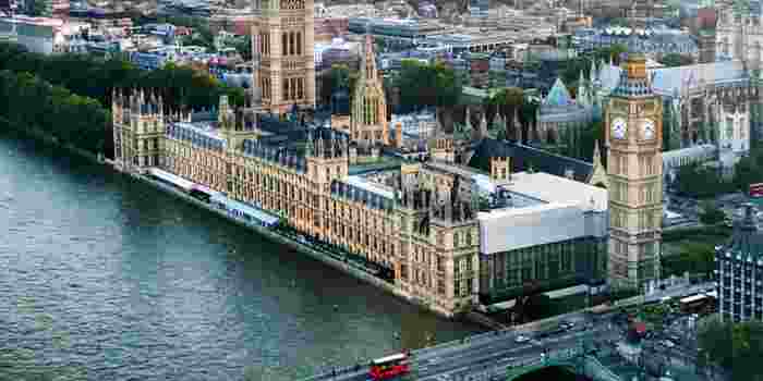 Arial photograph of the Houses of Parliament in London