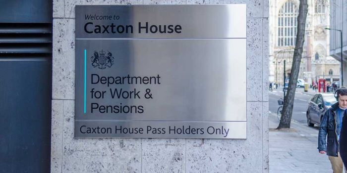 Sign on exterior of building marks offices of the department for work and pensions