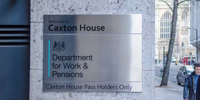 Sign on exterior of building marks offices of the department for work and pensions