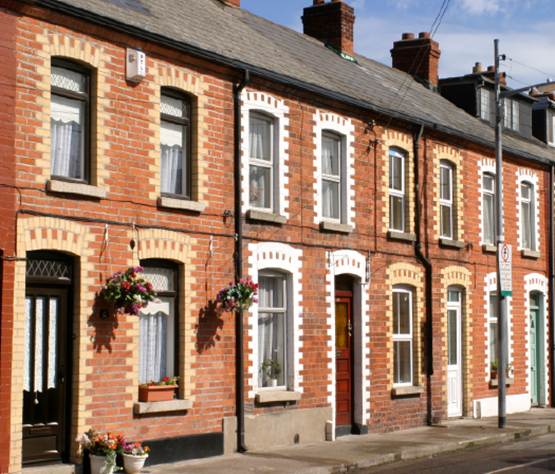 Line of redbrick terraced houses