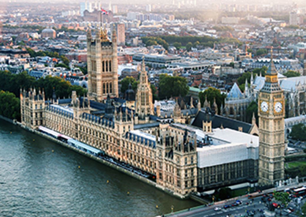 Aerial view of the UK Houses of Parliament