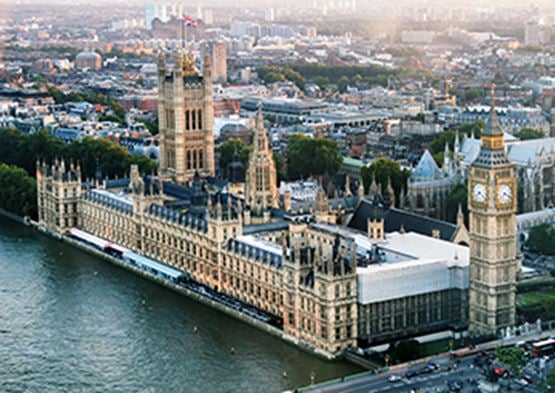 Aerial view of the UK Houses of Parliament