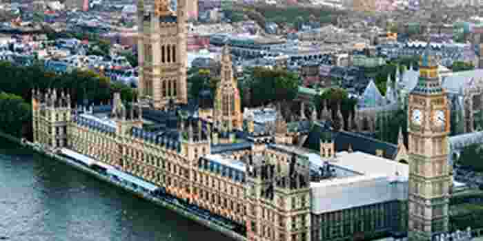 Aerial view of the UK Houses of Parliament