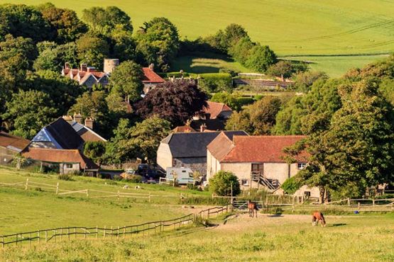 Rural scene featuring homes, hills, fields, trees and horses.