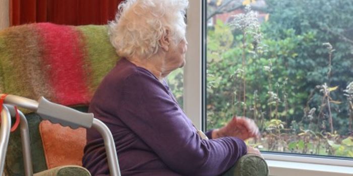 Lady looking out of a window from her home