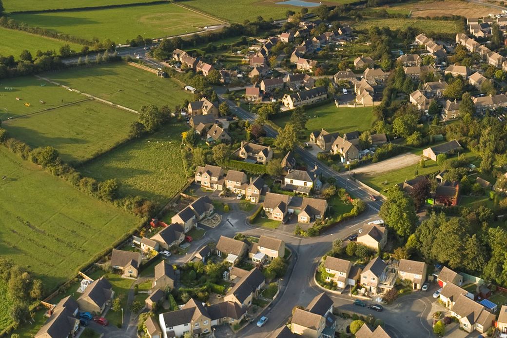 Aerial view of homes in the countryside