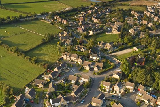 Aerial view of homes in the countryside