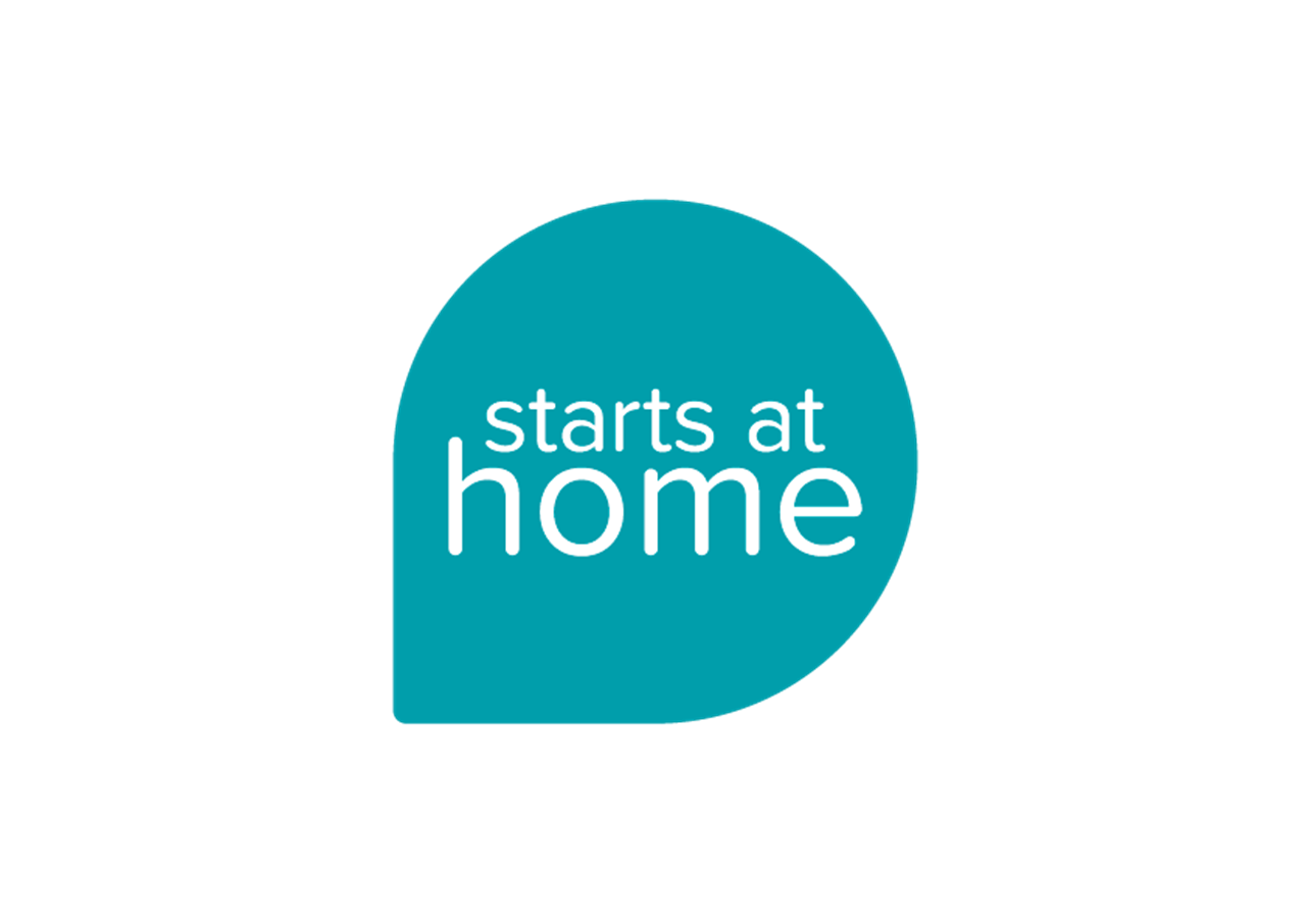 Blue speech bubble with white text Starts at Home